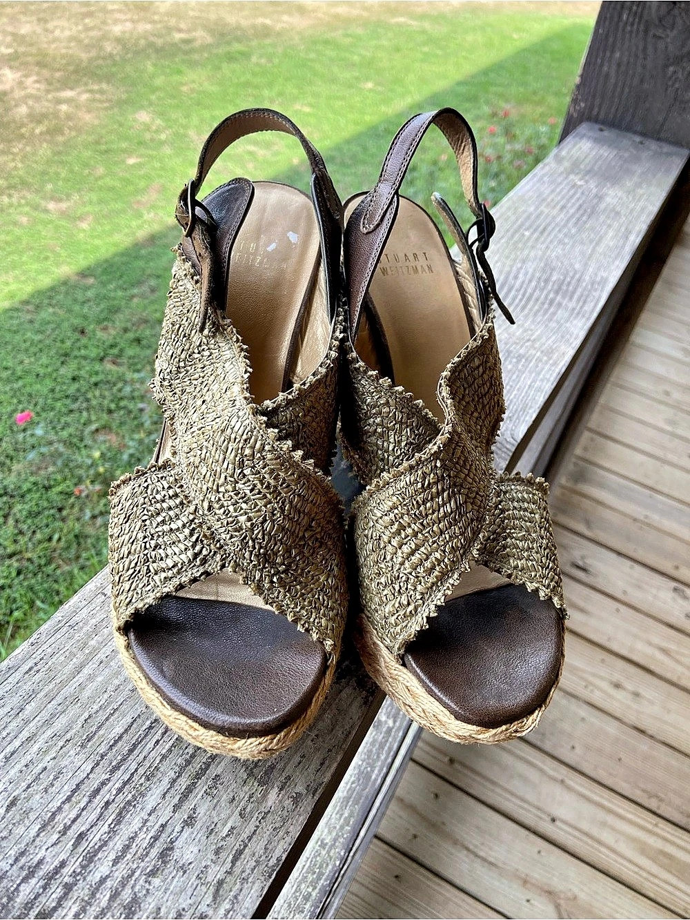 Stuart Weitzman Woven Platform Wedges in Brown & green US 9.5
